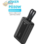 AnkerZolo Power Bank, 20,000mAh 30W M Built-in USB-C and MFi Certified Lightning Cables, 1 USB-C, 1 USB-A